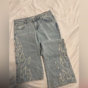 PacSun Light Blue Straight Leg Jeans with Distressed Flame Design